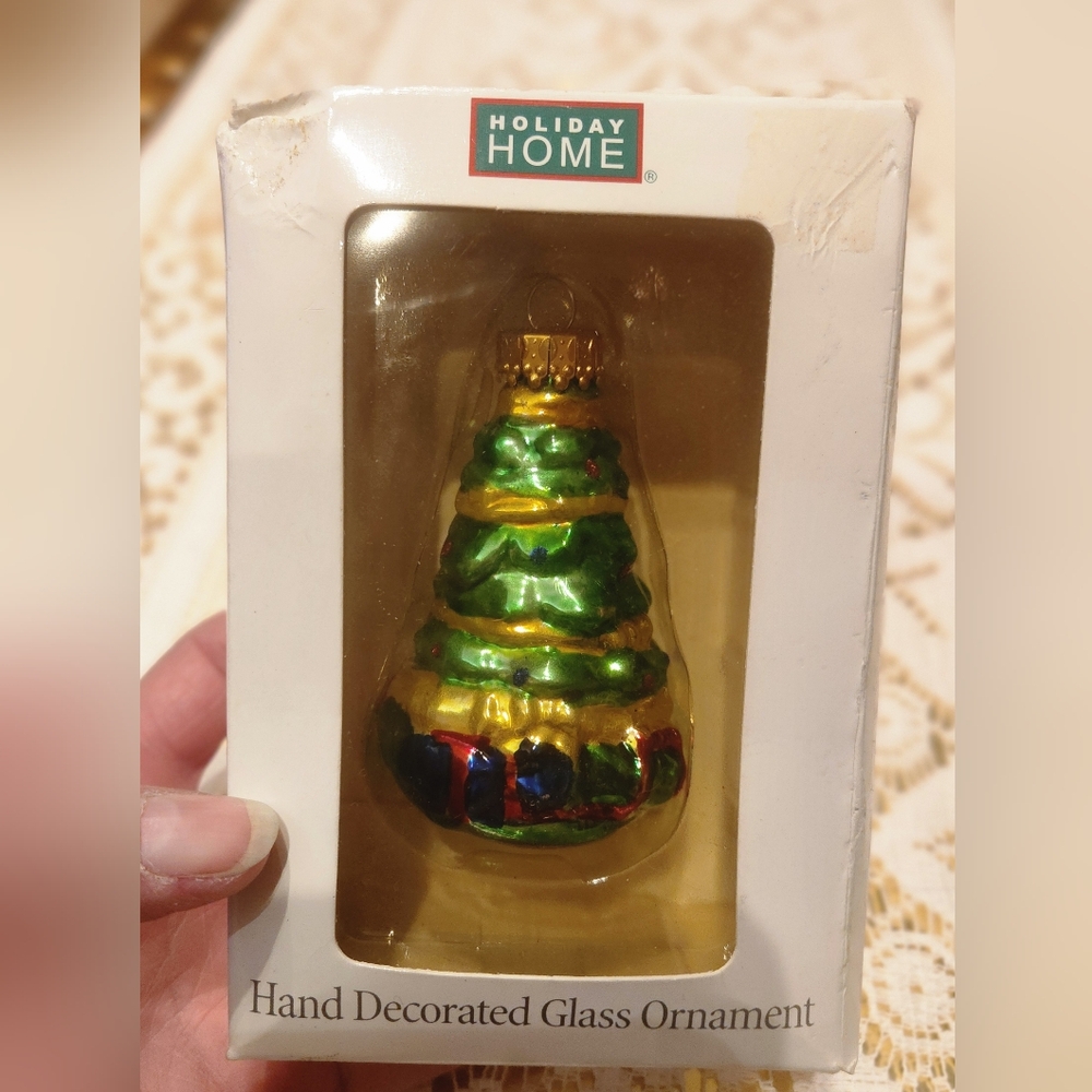 Christmas Tree Glass Ornament Old-world Style Hand Decorated Green Gold Blue New